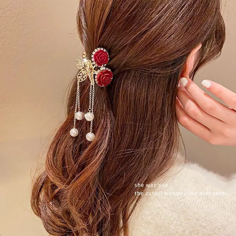 

Red Rose Flower Tassel Small Hair Clip for Women Girls Female Casual Party Hair Claw Ladies New Headwear Hair Accessories