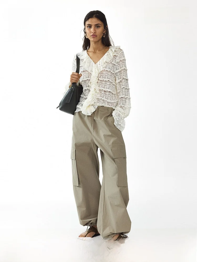 

Romantic Style Women's Shirt H&M Cotton Blend Long Sleeve V-Neck Lace Trim Commute Fashionable Breathable Summer New Arrival