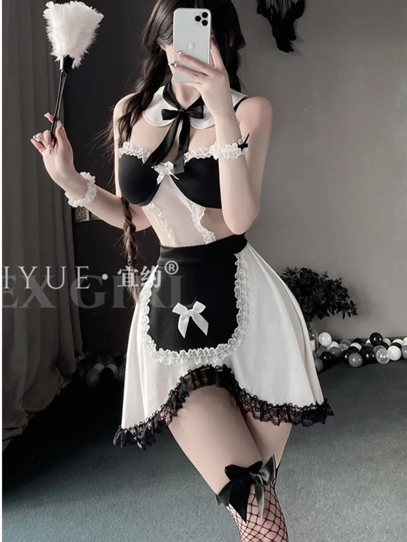 Pure Desire Sexy Maid Dress Role Play Anime Uniform Sling Bow V-neck Thin Style Sheer High Waisted Slim Mini Dress 8947 IMLZ