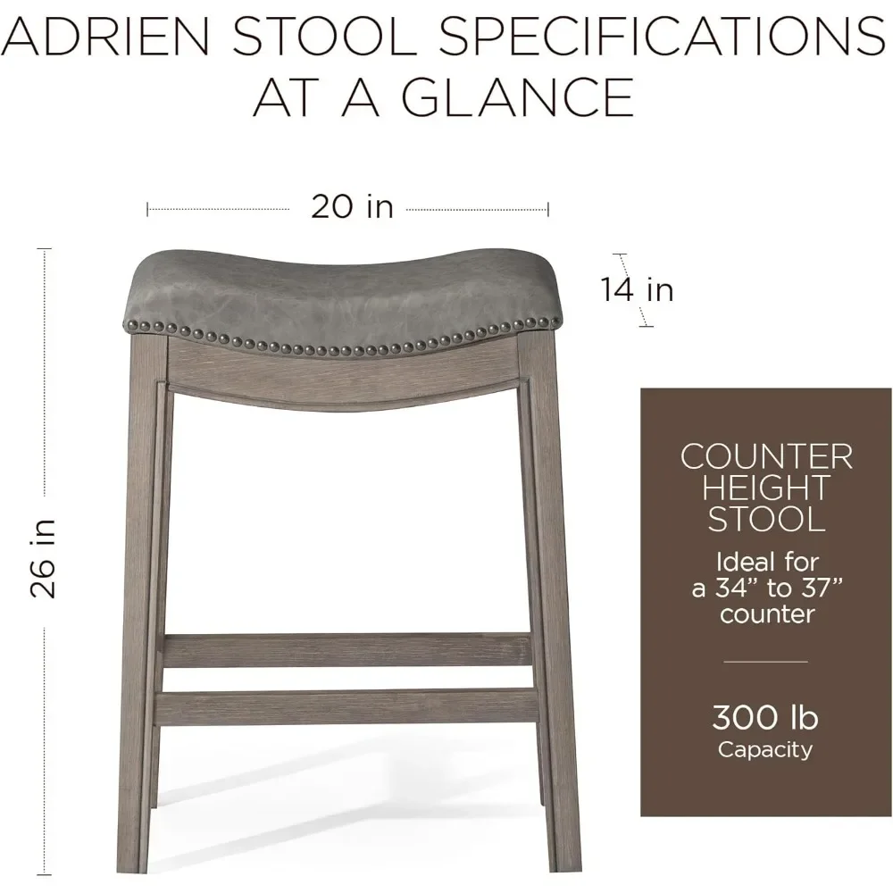 Adrien Backless Saddle Barstool com Ronan Stone, Assento Almofada de Couro Vegan, Acabamento em Carvalho Recuperado, Contra Altura, 26 em