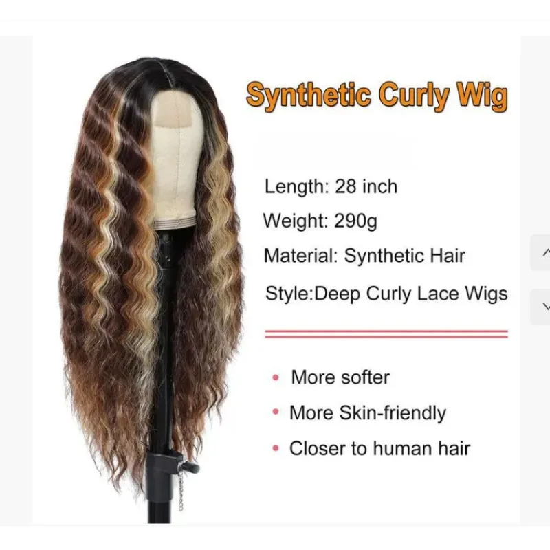 28インチレースフロントウィッグロングディープウェーブ合成ブラウンミックスブロンド女性用ヘア交換ナチュラルクリンプカーリー耐熱性