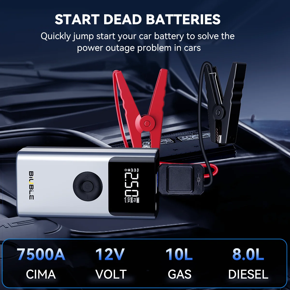 4 في 1 7500A سيارة الانتقال كاتب PowerBank 150PSI مضخة هواء 12 فولت بطارية الداعم ل 10.0L البنزين ومحركات الديزل 8.0L #2