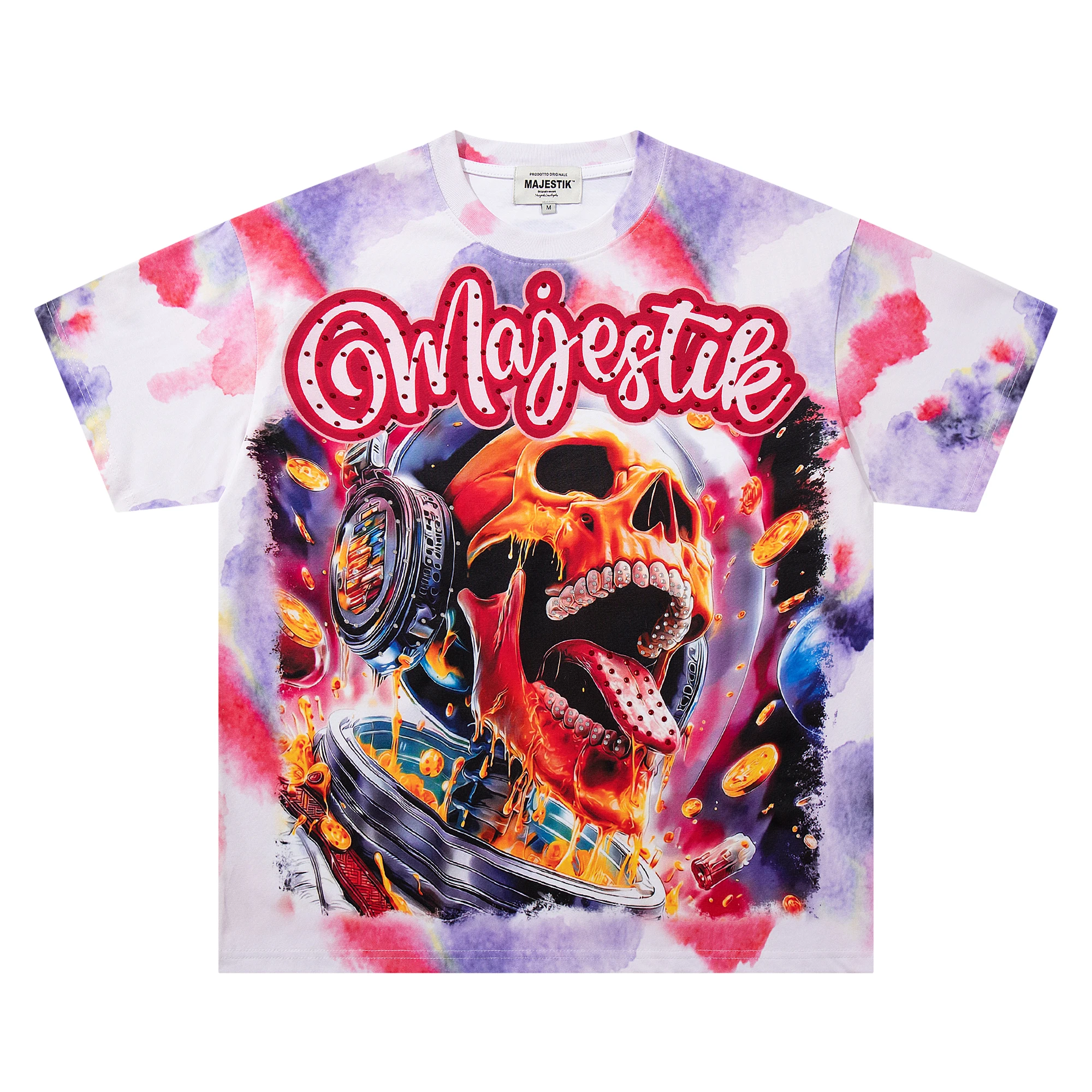 

Hip Hop Watercolor Tie-Dye Graphic Tee Rhinestone Astronaut Skull Print Casual T Shirt Original Men's Tshirts Summer Y2k Clothes