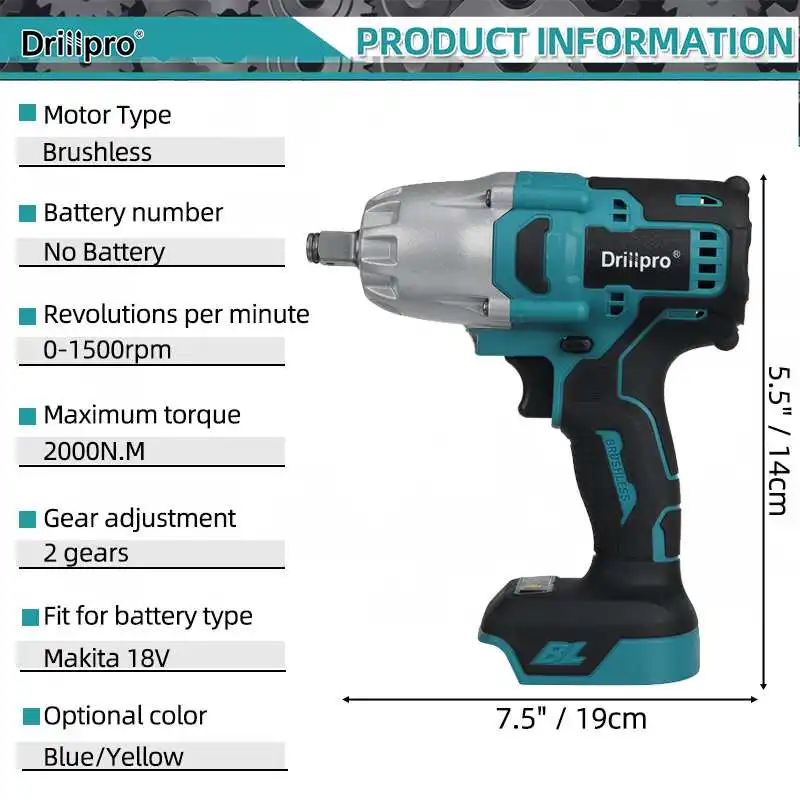 Drillpro 2000N.M Brushless Electric Impact Wrench For Makita 18V Battery 1/2\