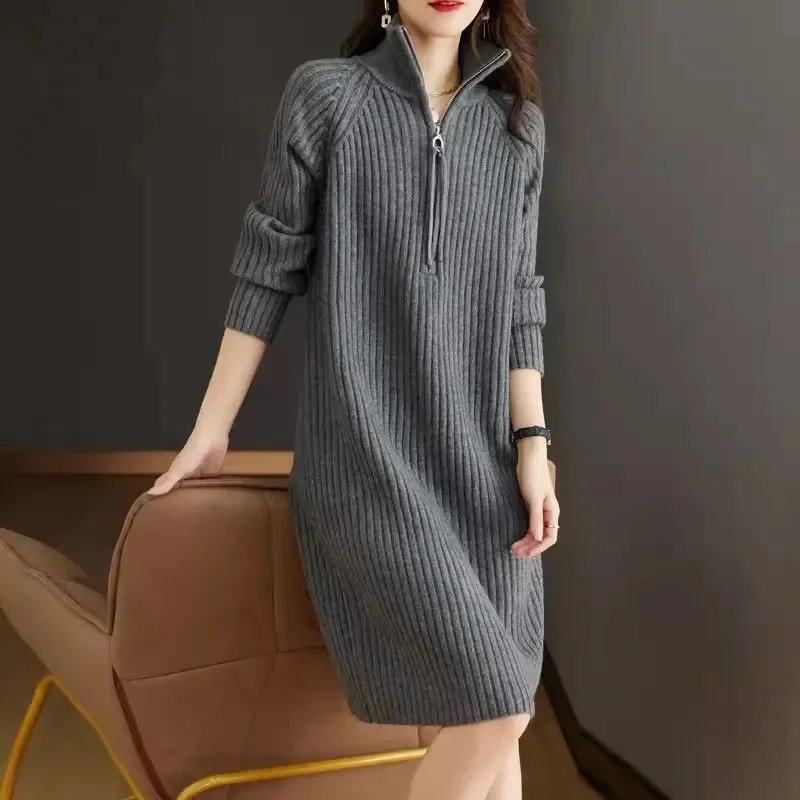 2024 Autumn/Winter New Large Knitted Dress Medium length Half Zipper Solid color Loose Casual Long Sleeve Dress Women\'s Trendy