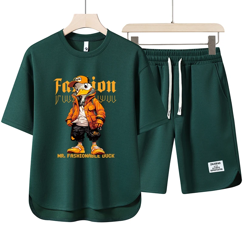 New Short Summer Men's Set JP Cartoon T-shirt Shorts 2 Piece Set Cool Duck Men's Clothing Outdoor Sports Suit Home Leisure Set