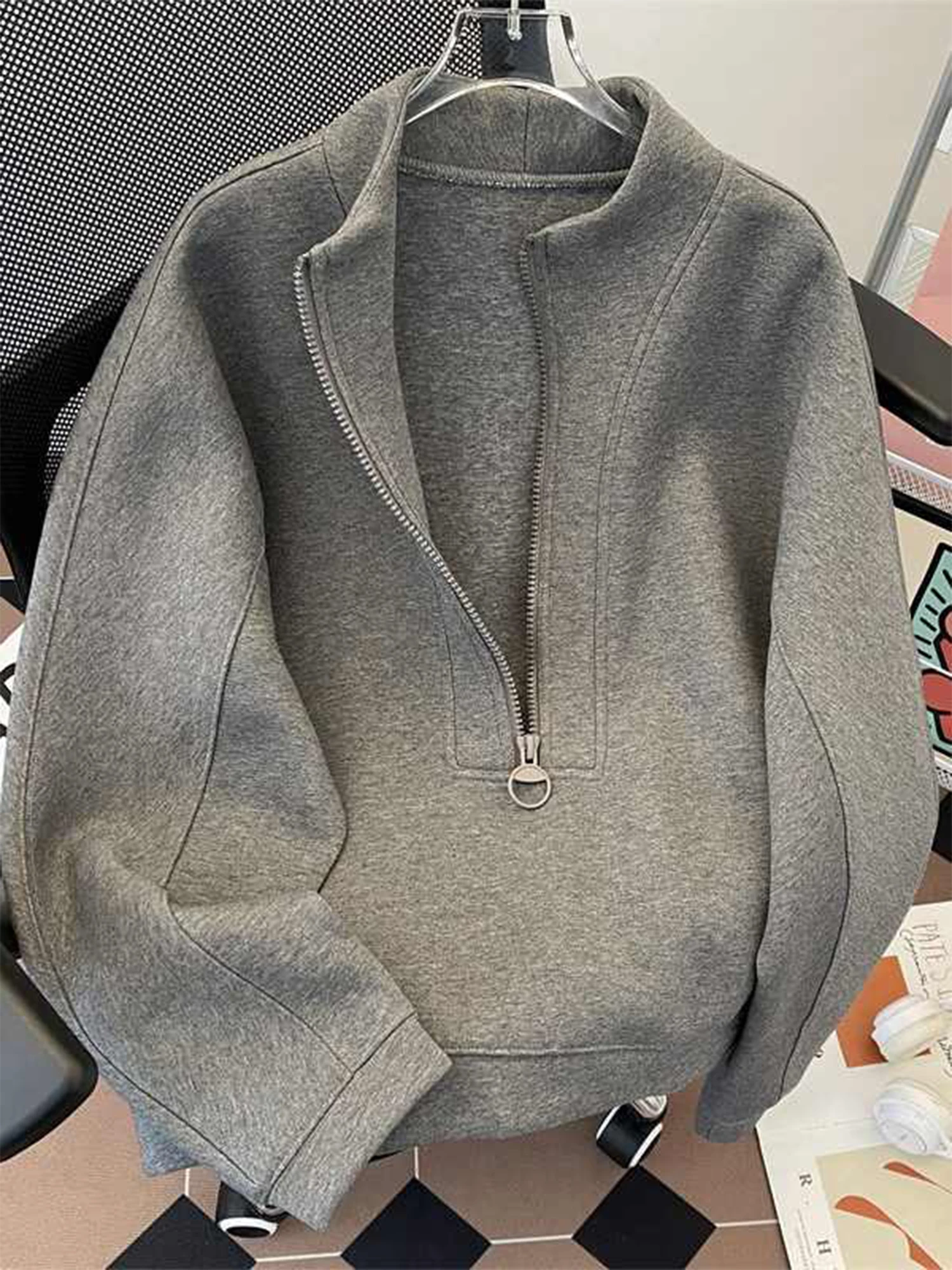 Feminino cinza zíperes moletom vintage harajuku y2k manga longa oversize moletom pulôver topo 2000s roupas de moda outono