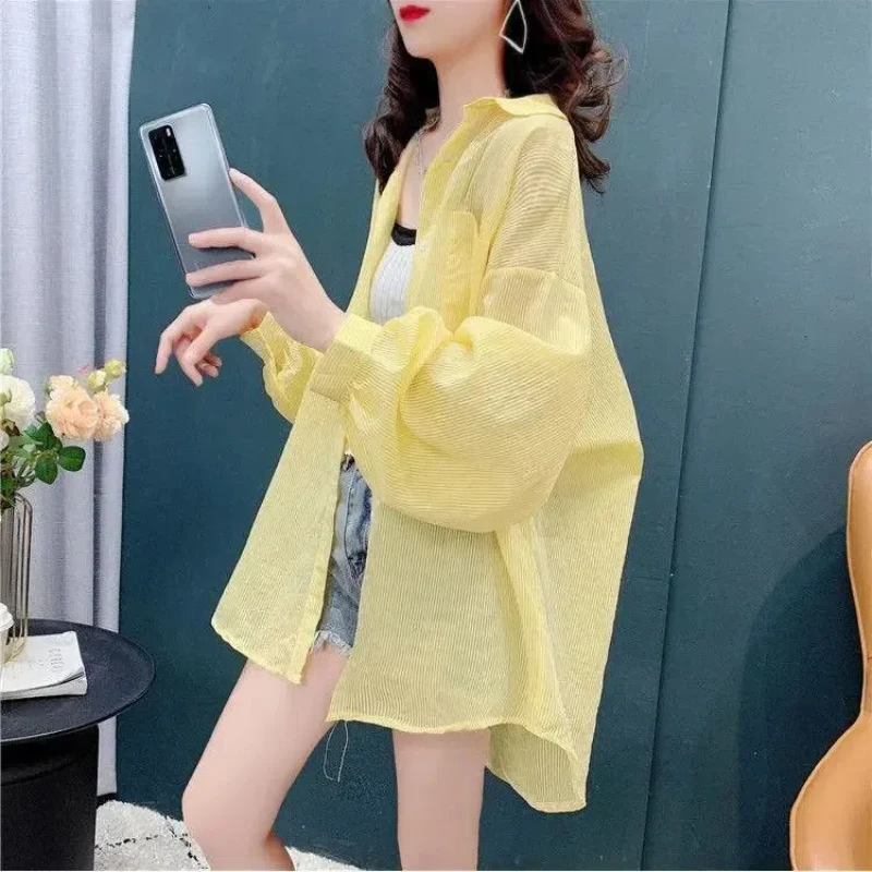 

Long Sleeve Loose Thin Blouse Summer New Striped Asymmetrical All-match Youth Trend Shirt Tops Fashion Casual Women Clothing