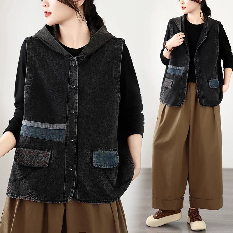 Spring Autumn Loose Fit Hooded Denim Vest plus Size Sleeveless Short Quality Outerwear Cardigan Straight Body Type Cotton Pol...