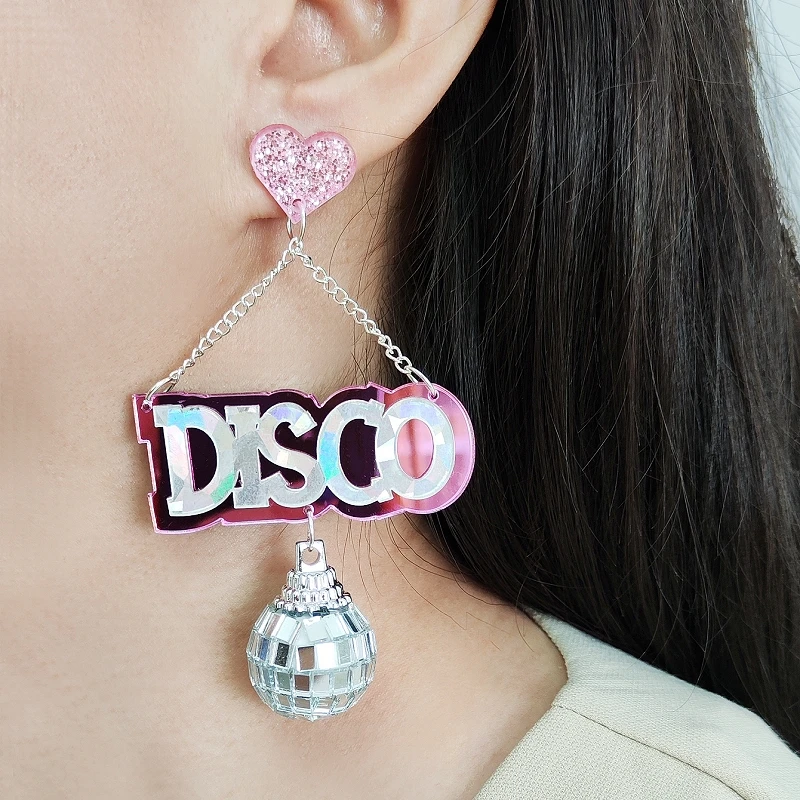 KUGUYS-pendientes colgantes acrílicos con espejo de bola de DISCO Vintage para mujer, joyería para fiesta y Festival de Música, accesorios de moda