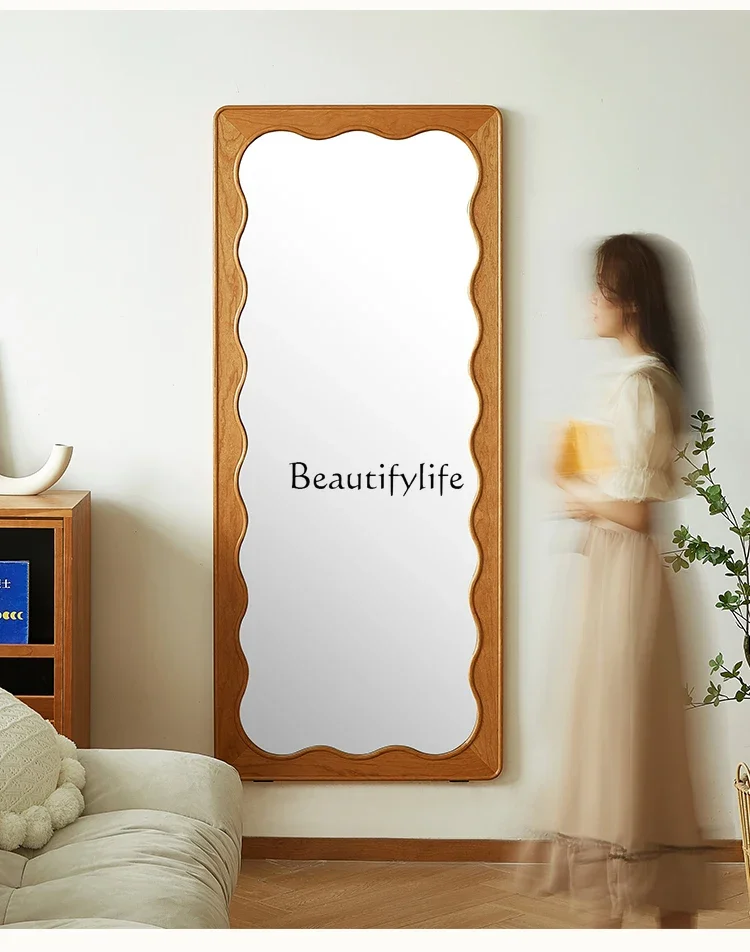 Nordic Japanese-style solid wood home floor mirror wave cherry wood movable fitting mirror small apartment