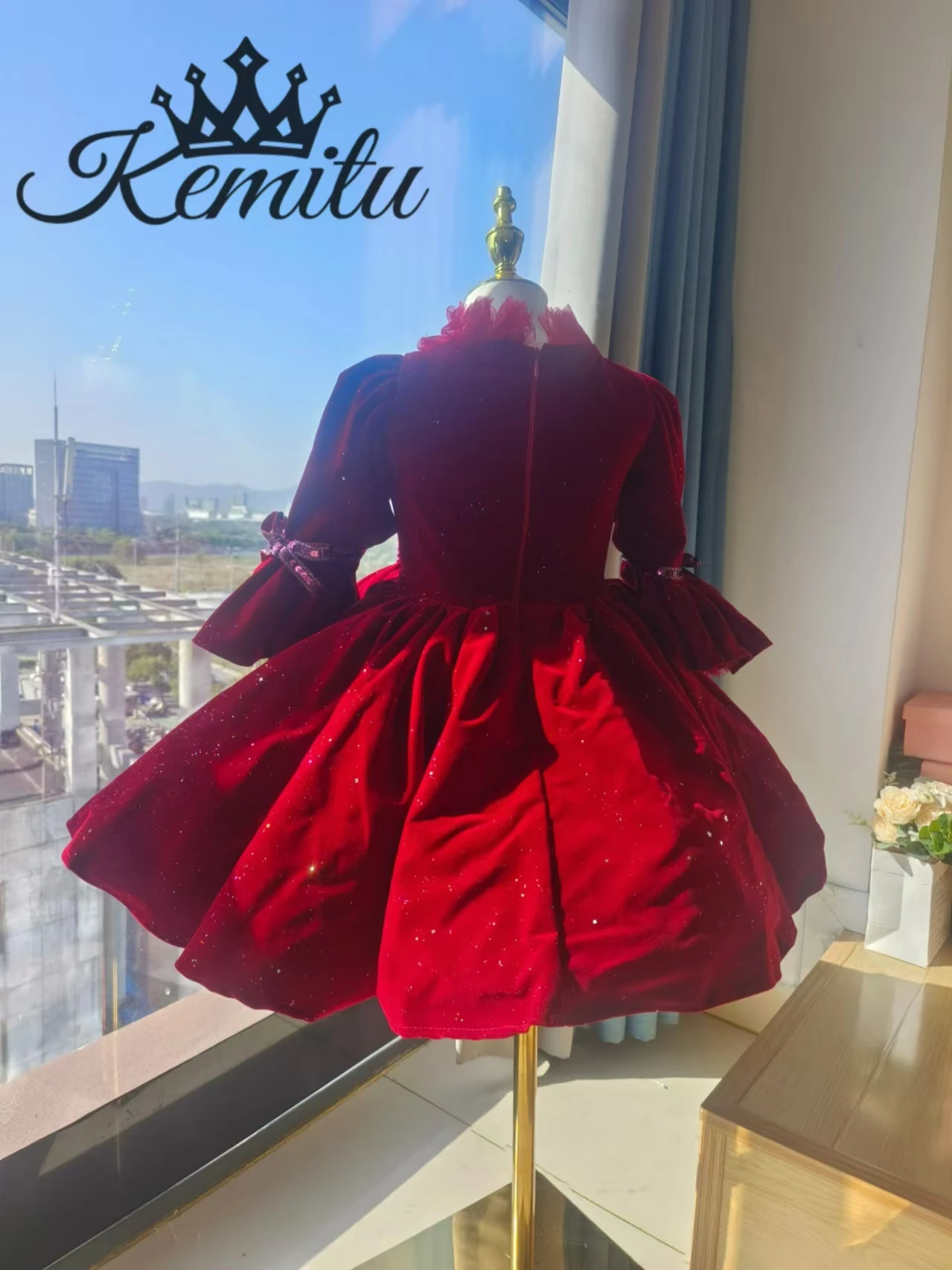 New Year Velvet Flower Girl Dress Long Sleeve for Christmas Birthday Party Elegant Princess Dress