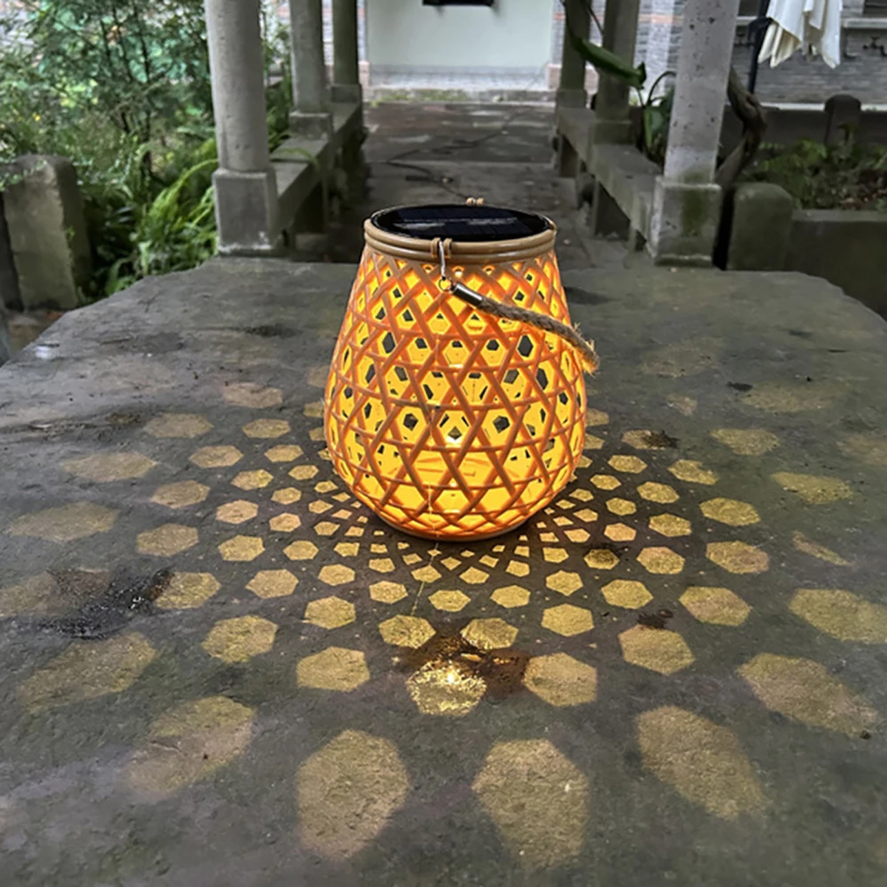 Outdoor Solar Lantern Lights Waterproof, 3000K High Brightness Hanging Imitation Bamboo Weaving Hollowed Table Lamp, Decoration