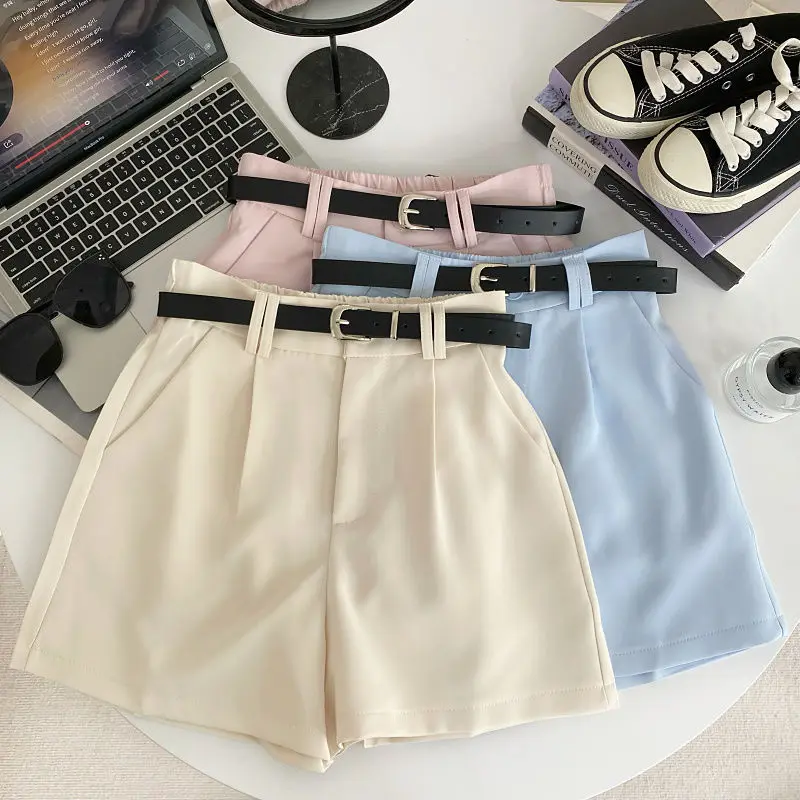 

2025 Women Casual Office Shorts With Belted Vintage High Waist A-line Suit Shorts Summer Chic Women Straight Trousers