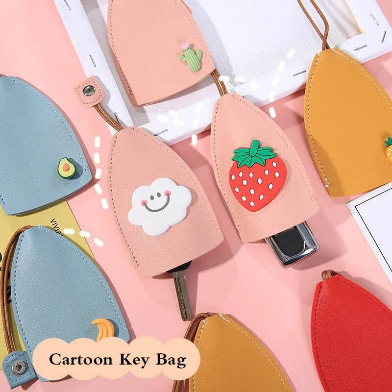 Funda de cuero para llaves de coche Unisex, Cartera de cuero PU con dibujos de Corea