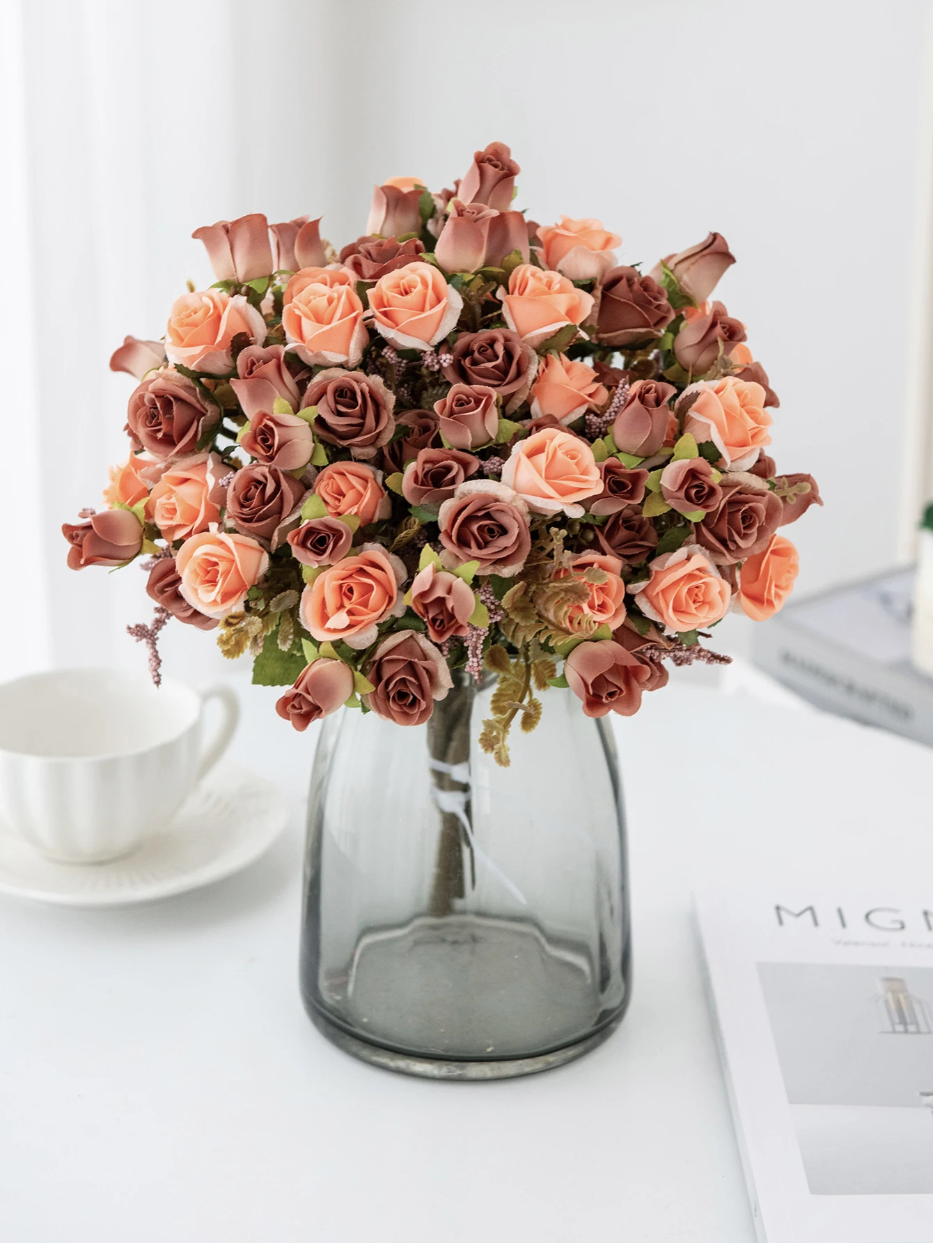 5 Gabeln, 15 Köpfe, künstliche Seidenblumen, Rose, Hochzeit, Brautstrauß, Festival-Dekoration, Zuhause, Raumarrangement, Blumenzubehör