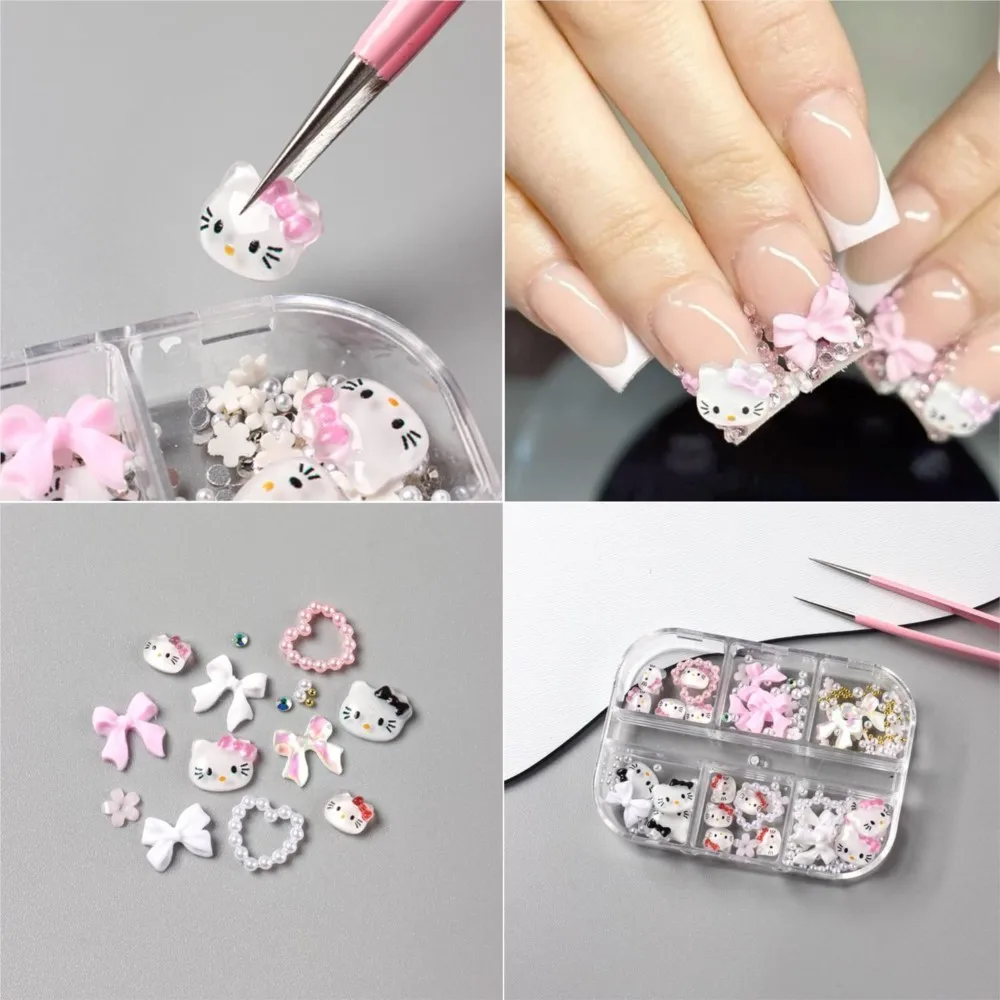 6 تقلد لطيف الكرتون كيتي القط القوس مسمار السحر مختلط الراتنج مرحبا كيتي اللؤلؤ Bowknot حجر الراين الأحجار الكريمة الوردي كيتي مسمار الفن الديكور