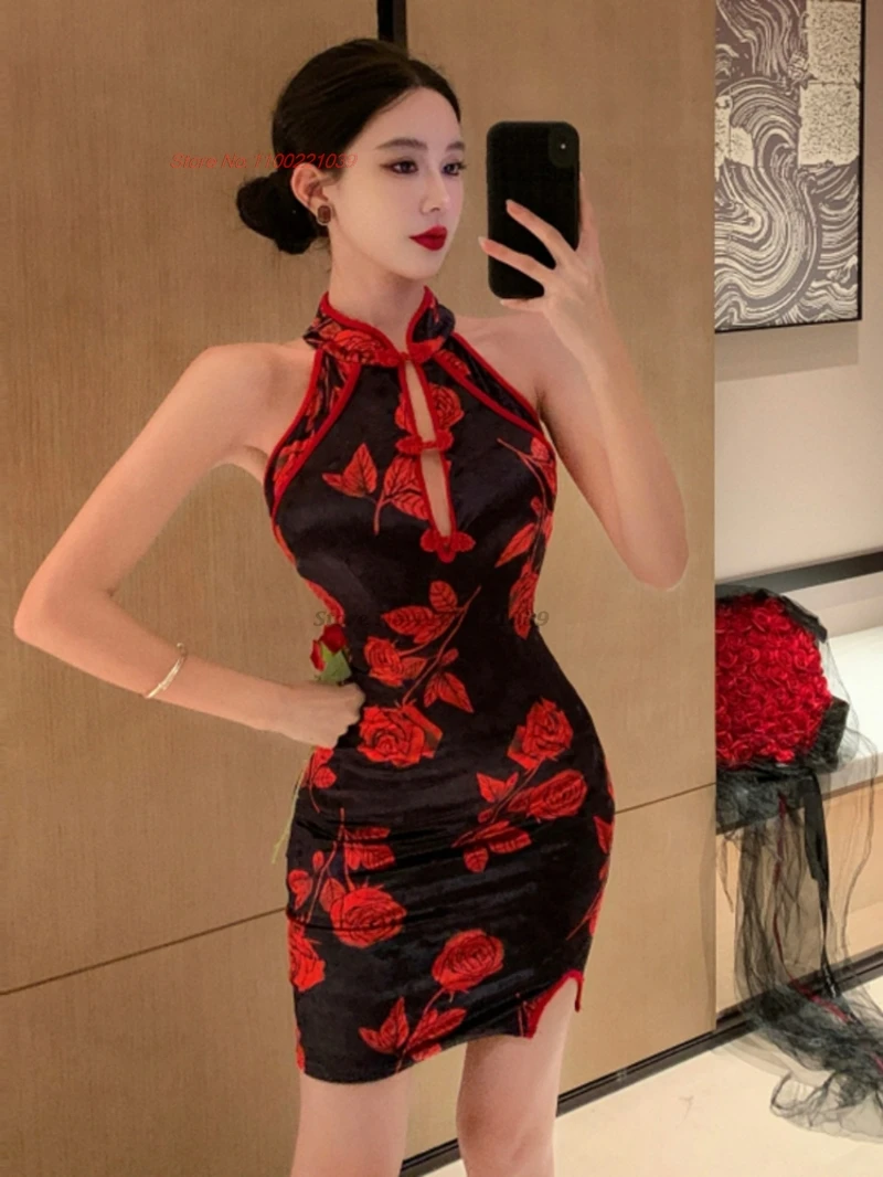 

2025 chinese improved cheongsam sexy velvet qipao national flower print banquet qipao traditional nightclub evening dress qipao