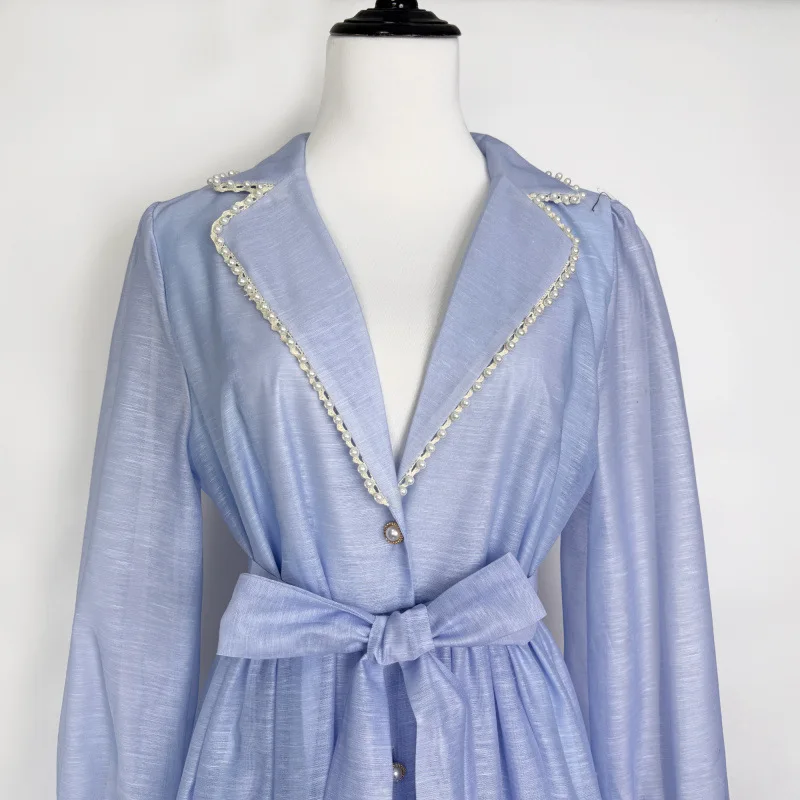 ชุดเดรสยาวสไตล์ฝรั่งเศส คอปกประดับลูกปัดหรูหรา ดีไซน์สวยงามแบบนางฟ้า ผ้ากำมะหยี่ เอวกลาง