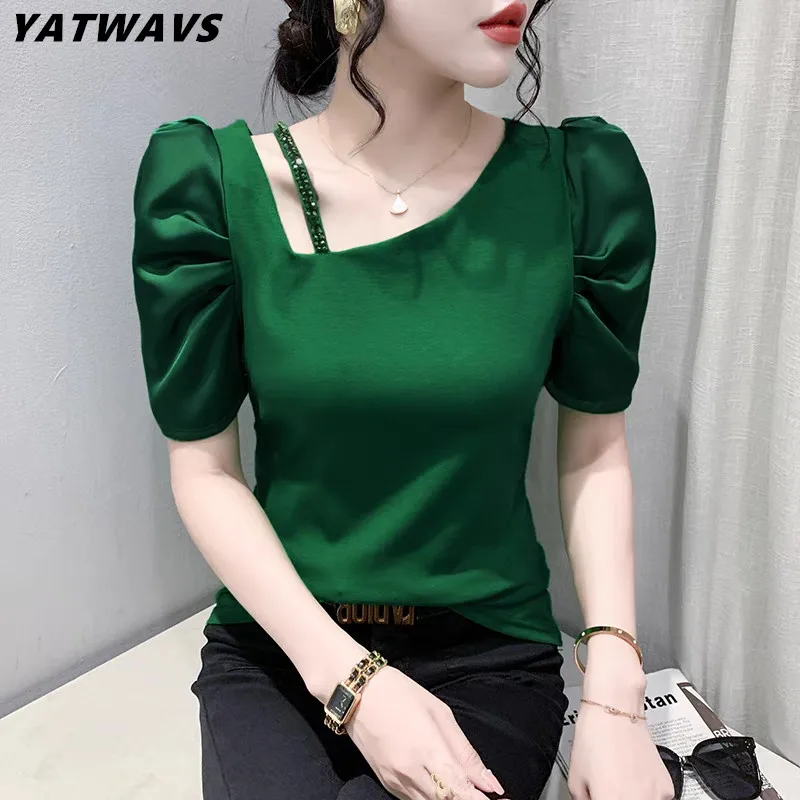 

2025 Summer Korean Clothes T-Shirt Fashion Sexy Skew Collar Suspenders Beading Women Tops Classic Puff Sleeved Cotton Tees Shirt
