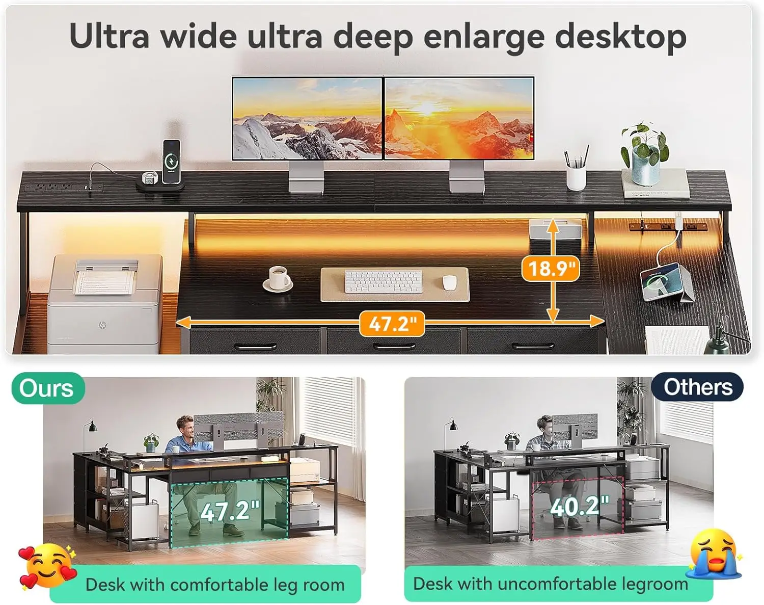 Mesa do computador em forma de L com 2 tomadas elétricas e Display Stand, Home Office Desk com cremalheira de armazenamento