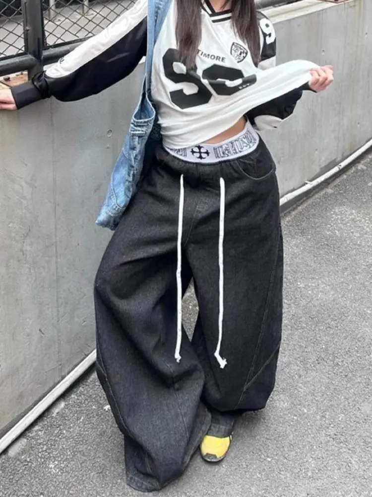 American retro spliced waist jeans for women in spring 2025 street hip hop wide leg pants men clothing streetwear men