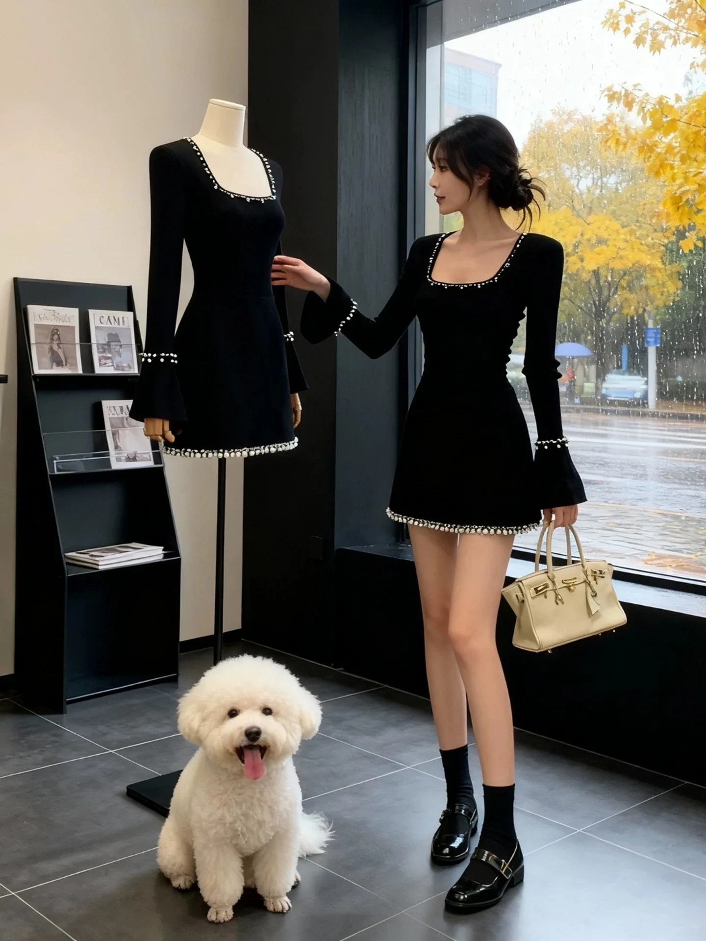 

Ele Bla Long Sve Knitted Slim Fit Dr for Women Casual Sle Beaded A-Line ort Skirt Autumn Winter Faion
