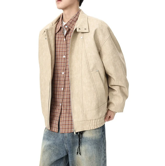 Vintage Lapel Leather Jacket Men's 2026 New Spring and Autumn Loose Tooling Pu Leather Jacket