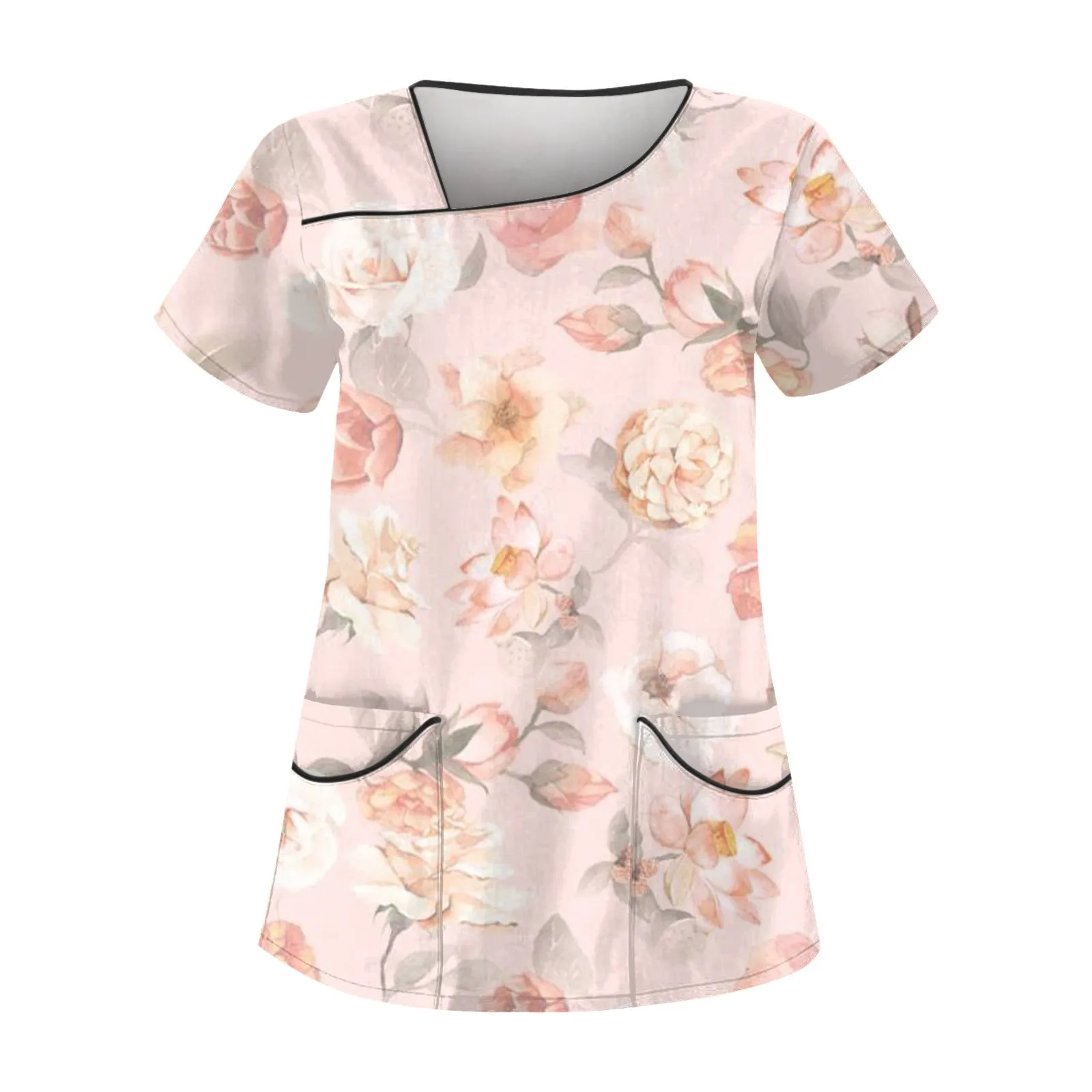 Slanted Collar Pocket Care Workwear T-Shirt Tops Clinic Working Clothing Short Sleeve Scrub Print Nurse Uniform for Lady