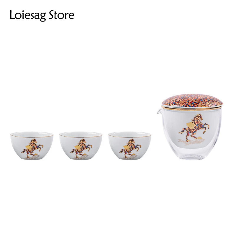 Loiesag 250ml MaShangYouQian Implication Travel Tea Set Portable Bag Outdoor A Pot of Three Cups Kuai Ke Cup National Trend Gift