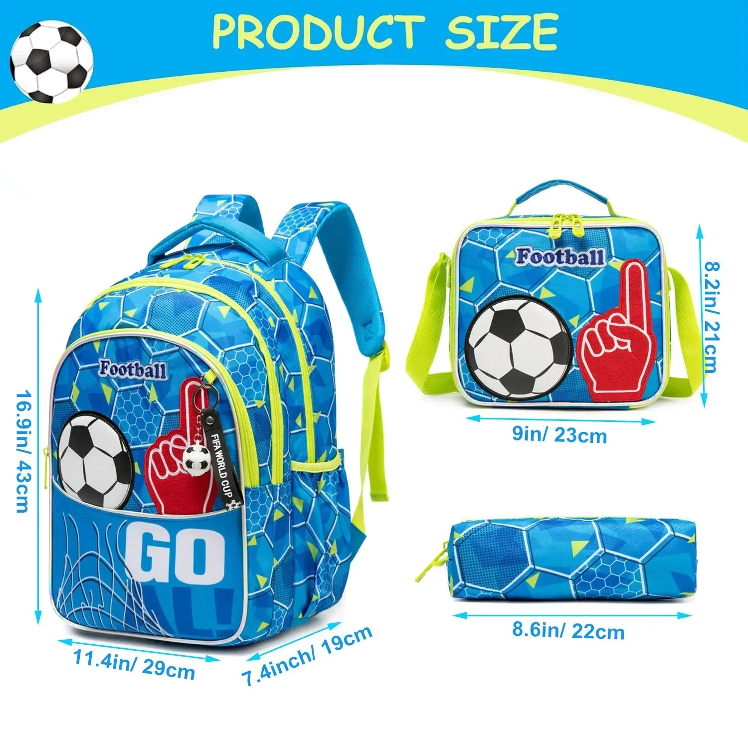 Mochila escolar con estampado de fútbol para niños, bolsa de almuerzo, estuche para lápices, mochila de regreso a la escuela, 3 piezas