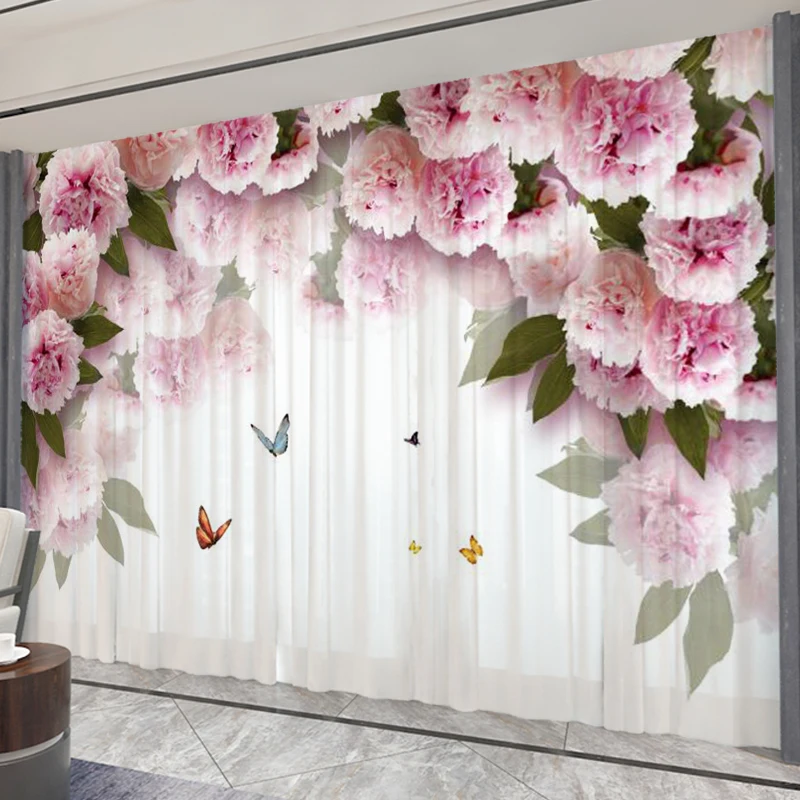 Pink Flower Curtain Green Plant Pastoral Decor Sheer Screen Curtain Living Room Bedroom Floor-to-ceiling Window Voile cortinas