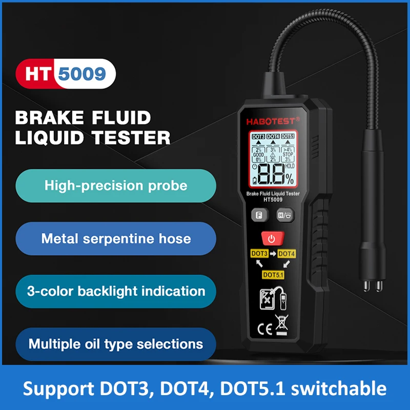 HT5009 Brake Fluid Tester Digital Auto Brake Liquid Oil Detector Tool for DOT3 DOT4 DOT5.1 Hydraulic Oil Moisture Analyzer