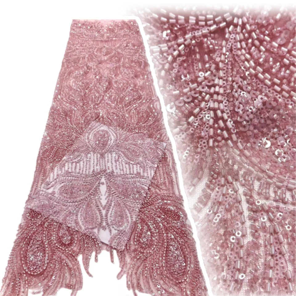 

2025 High Quality African Heavy Tube Beaded Sequin Lace Fabric Embroidered French Tulle Lace Nigerian Wedding Dress 5yards P1223