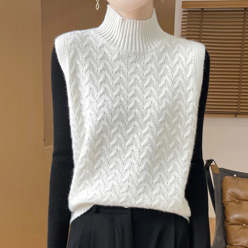 Autunno Inverno Nuovo Dolcevita Gilet Maglione di Cachemire 100% Lana Merino Pullover Senza Maniche di Base di Colore Solido Abbigliamento Casual Top