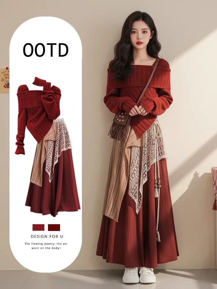 Set di pezzi di maglietta rossa casual lavorata a maglia per le donne, anti-età, dimagrante, per il tempo libero, gonna, pantaloni, tenda, set per il conto alla rovescia di Capodanno