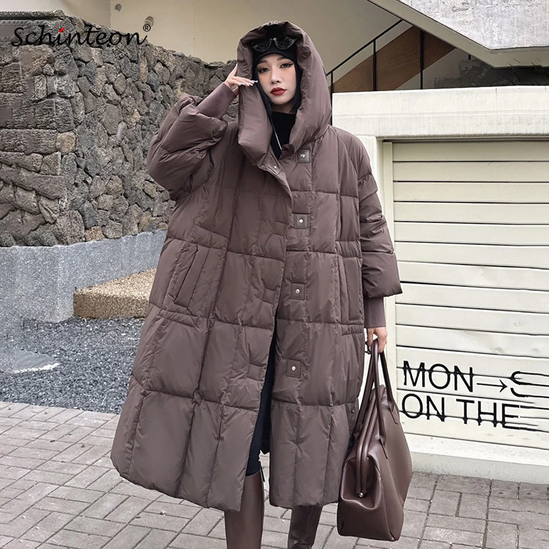 Schinteon Women's White Duck down Long Jacket with Hood Casual Loose Fit Over Size Autumn Winter Thick Warm Outwear High Quality