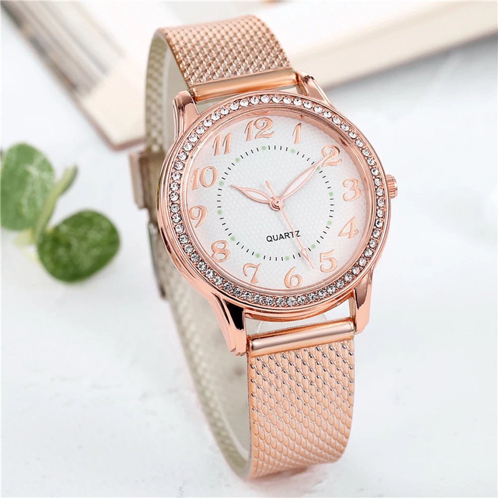 Frauen Uhren Luxus Mesh Band Armband Rose Gold Intarsien Kristall Mode Neue