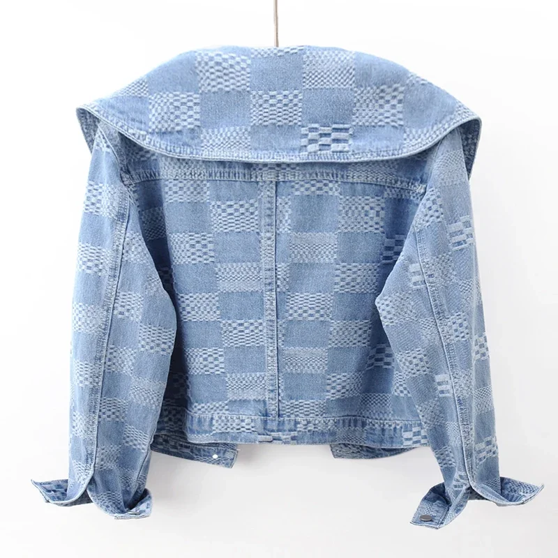 Hellblau Jacquard Peter Pan Kragen Tasche Denim Jacke Frauen Lose Kurze Cowboy Oberbekleidung Chaquetas Mujer Jeans Jacke Weibliche
