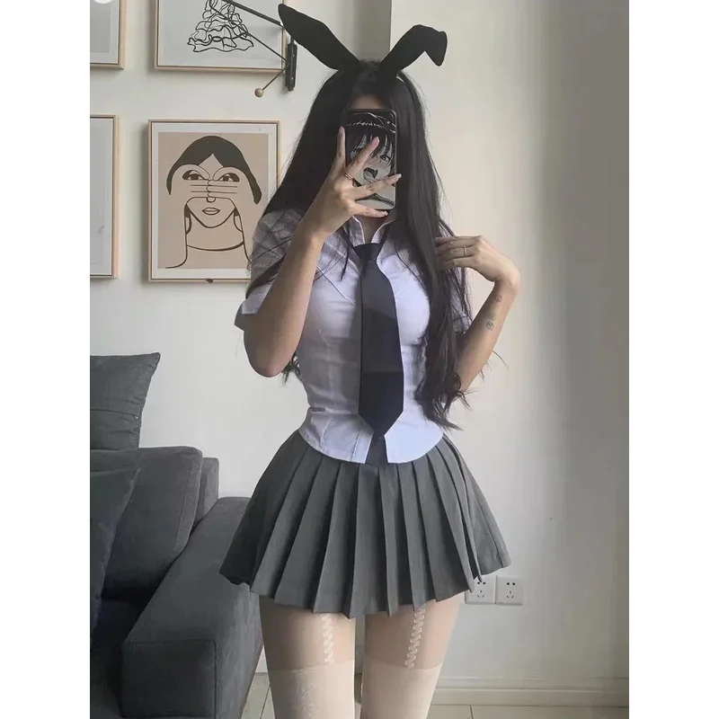 

Костюм для пикантной девушки, студенческий повседневный японский комплект униформы JK, женская тонкая белая рубашка с длинными рукавами, мини-плиссированная юбка Summerv; 2,r'6;t.