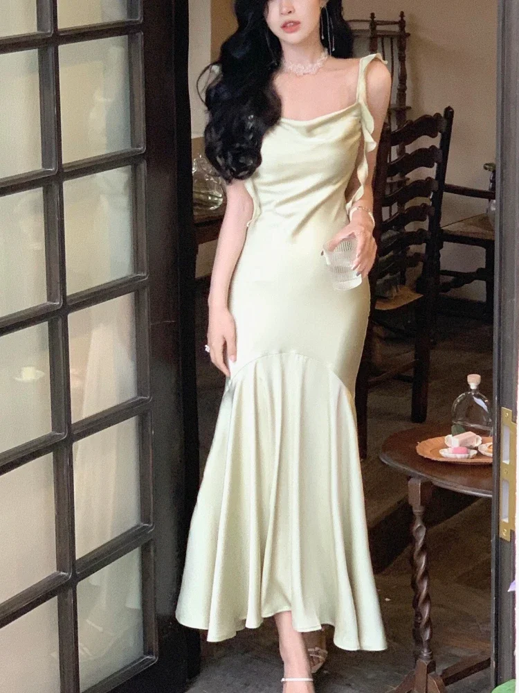 Jielur 우아한 새틴 스트랩 미디 원피스 여성용 빈티지 캐주얼 이븐 파티 드레스, 퓨어 컬러 원피스 원피스, 한국 패션, 여름