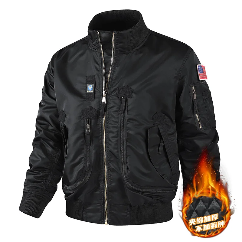 

Мужская куртка-бомбер с воротником-стойкой, осенне-зимняя, в стиле ВВС, однобортная, военная, с длинными рукавами, утепленная, с флисовой подкладкой