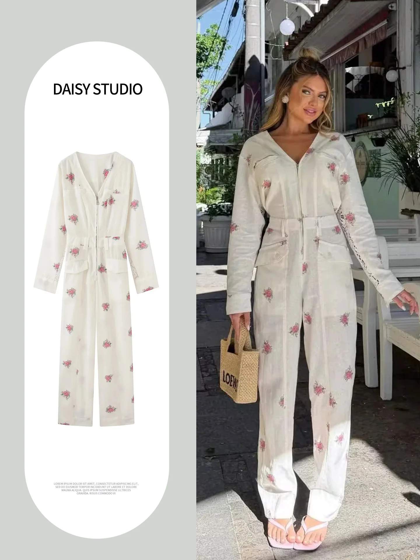 Fall New Women's Minimalist Style Elastic Waist Long Sleeve V-Neck Zipper Straight Leg One-Piece Suit High Waist Long Pants P...