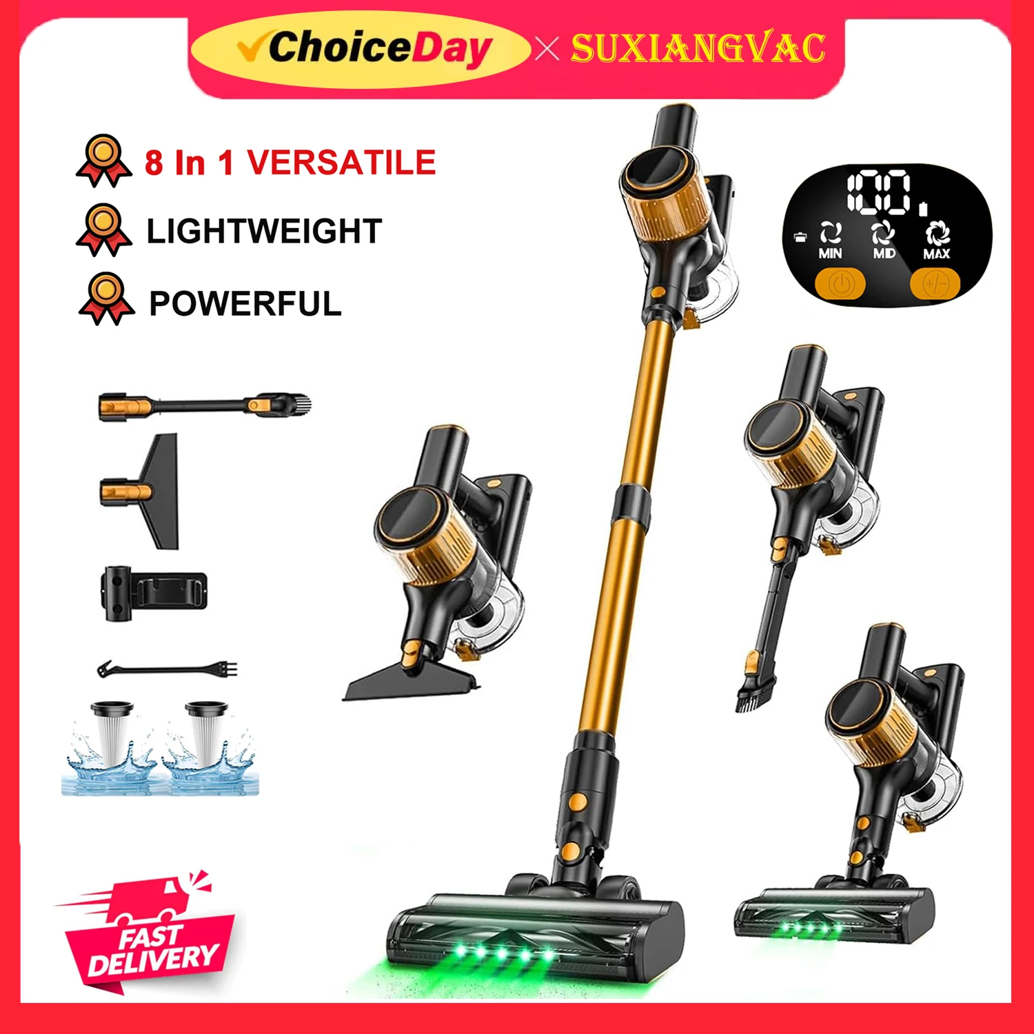 Cordless Vacuum Cleaner 8 in 1 Powerful Suction Lightweight,LED Display,45Mins Detachable Battery Vacuum for Floor/Carpet/Pet