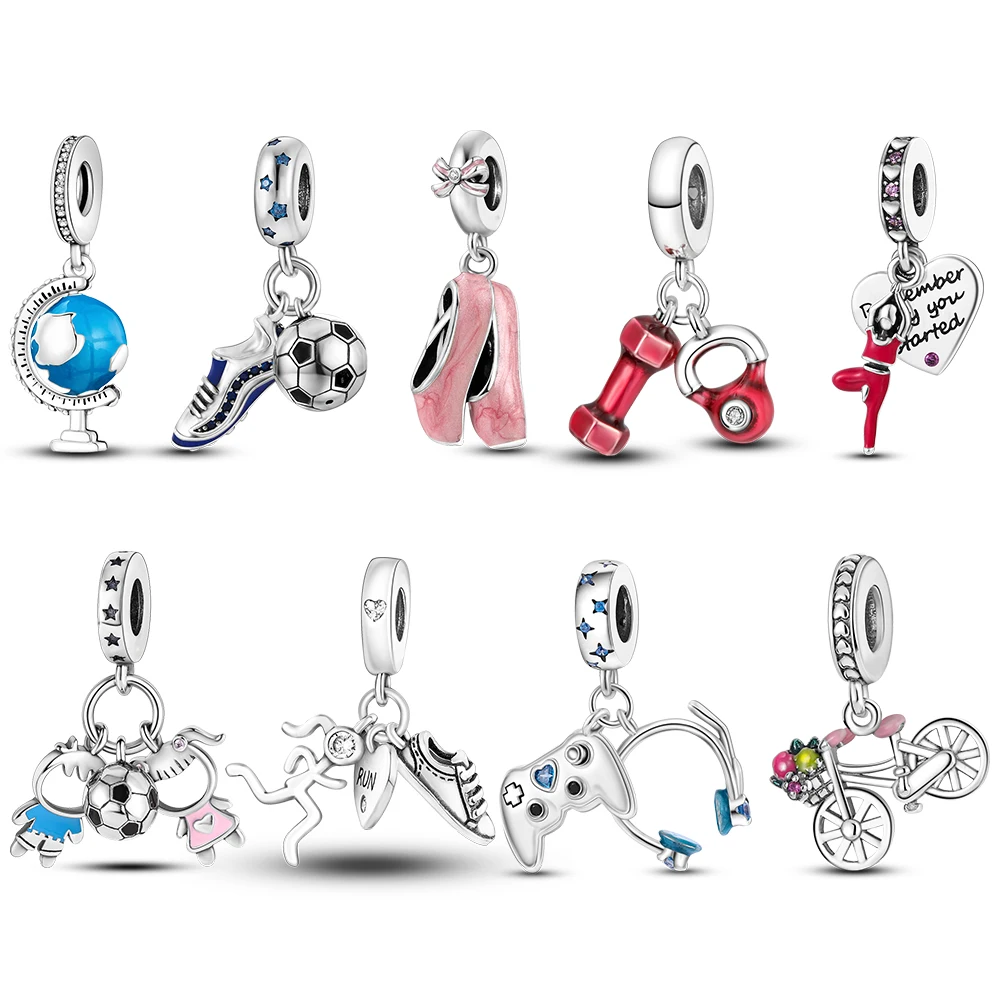 2023 Silver Plated World Football Sport Soccer Dumbbell Yoga Dangle Charm Fit MULA Bracelet Necklace Beads Women Jewelry Making