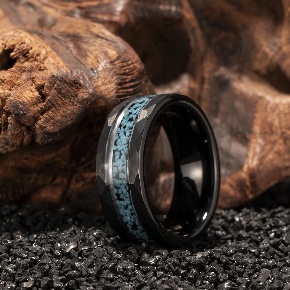 Black Tungsten Carbide Ring, 8mm Luxury Couple Wedding Rings for Men and Women, Crushed Turquoise for Daily Wear, Anniversary