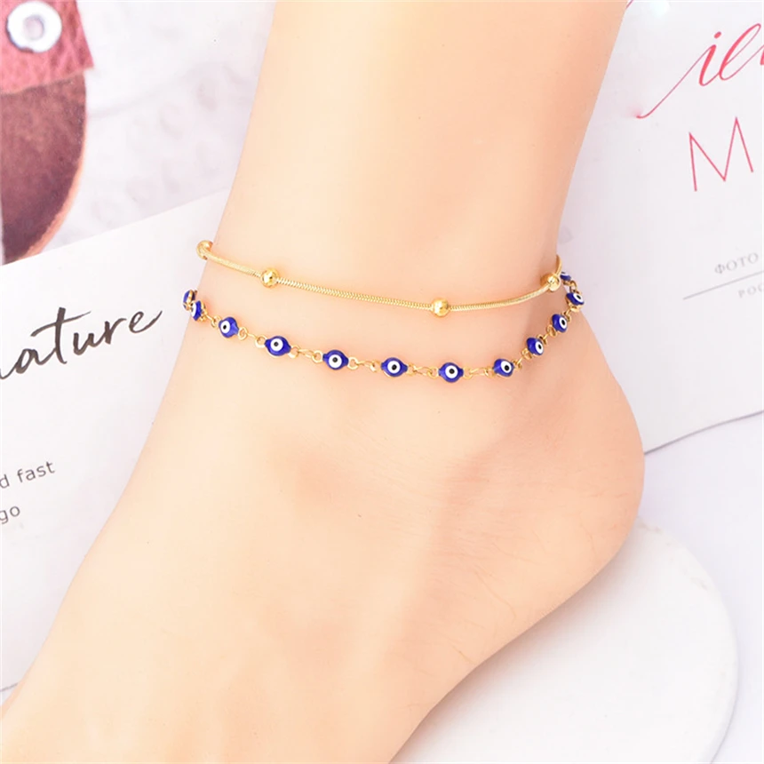 316L Stainless Steel 2 Layer Multicolour Billiard Round Bead Pendant Anklet Ladies Fashion Trend High Jewelry Beach Accessories