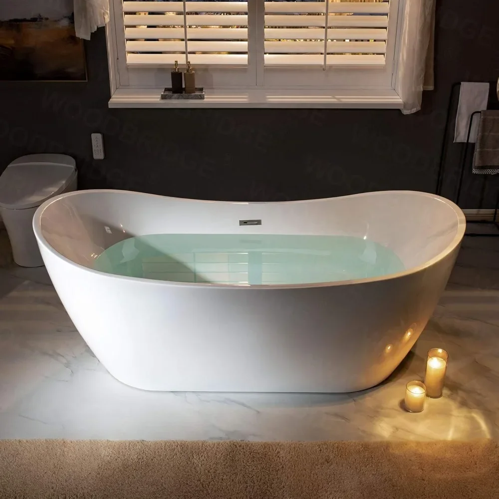 

71" Freestanding Bathtub with Brushed Nickel Overflow & Drain，Bottom with Stainless Steel Bracket Makes，Contemporary Soaking Tub