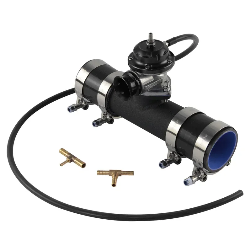 

10PSI Type RS RZ Turbo Blow Off Valve Universal Adjustable + 2.25" Flange Pipe + Silicone Hoses + Clamps Black