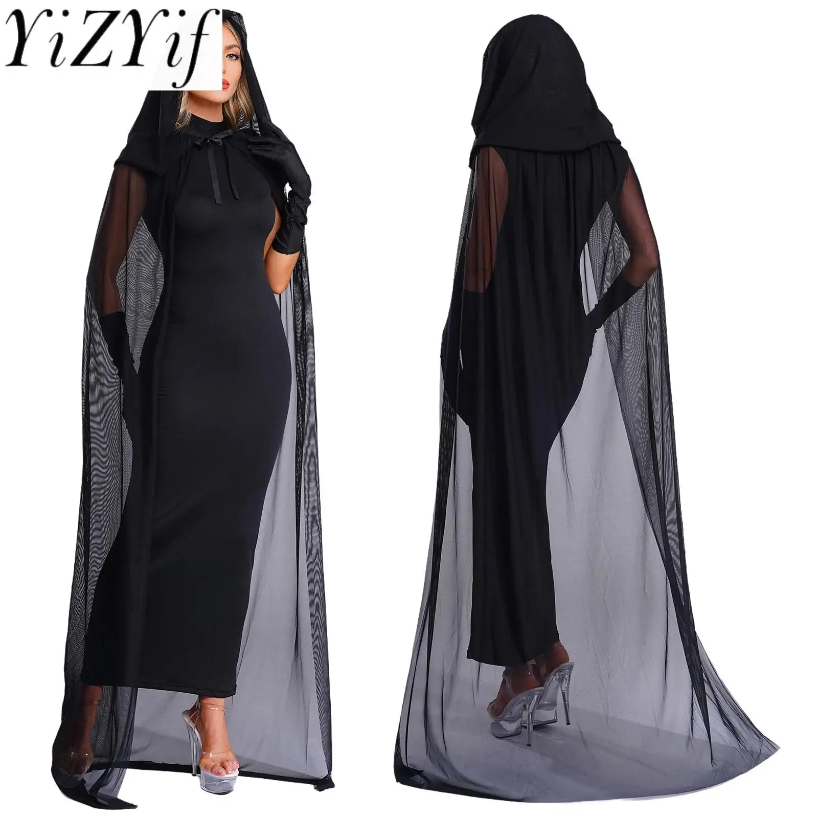 

Halloween Party Women Witch Vampire Devil Cosplay Black Color Dress T-back Thong Hooded Mesh Cloak And Gloves Steampunk Dress